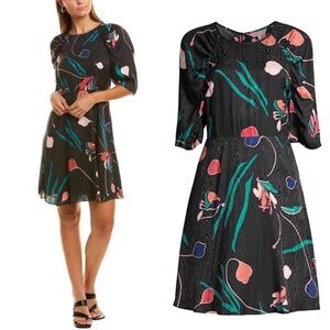 REBECCA TAYLOR 3/4 SLEEVE BOTANICAL BLOOM SILK BLEND DRESS SIZE 6 $395